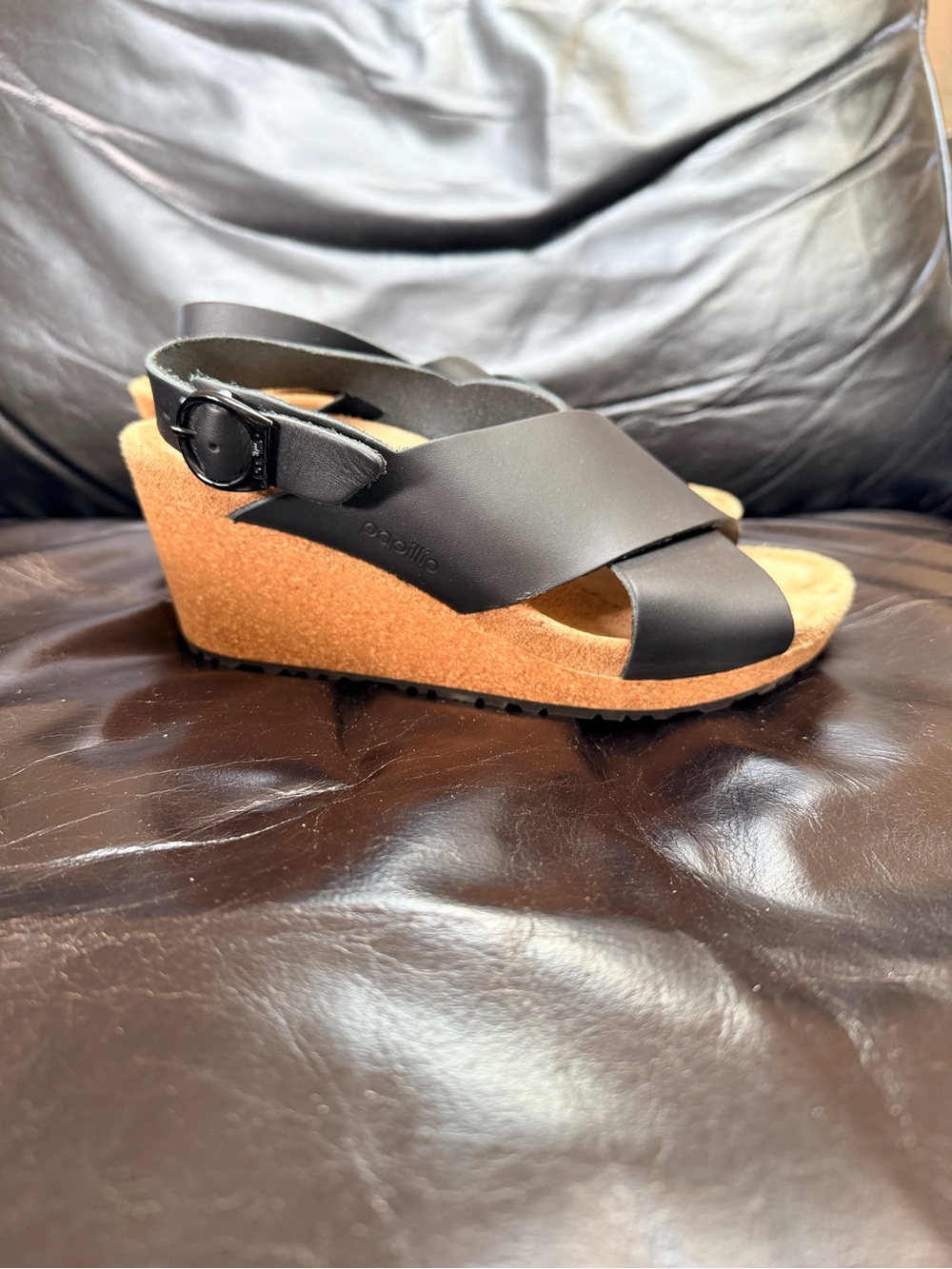 Papillio by Birkenstock Black Leather Cross-Band Cork Wedge Sandal